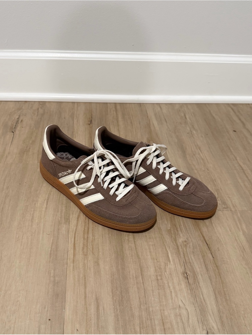 adidas Women’s Brown Suede Sneakers with White Stripes